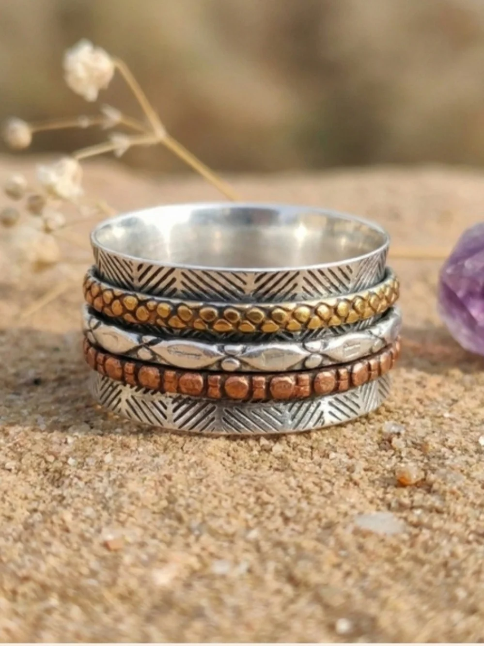 925 Sterling Silver Spinner Ring Size 10 Mixed Metal Brass Copper Handmade